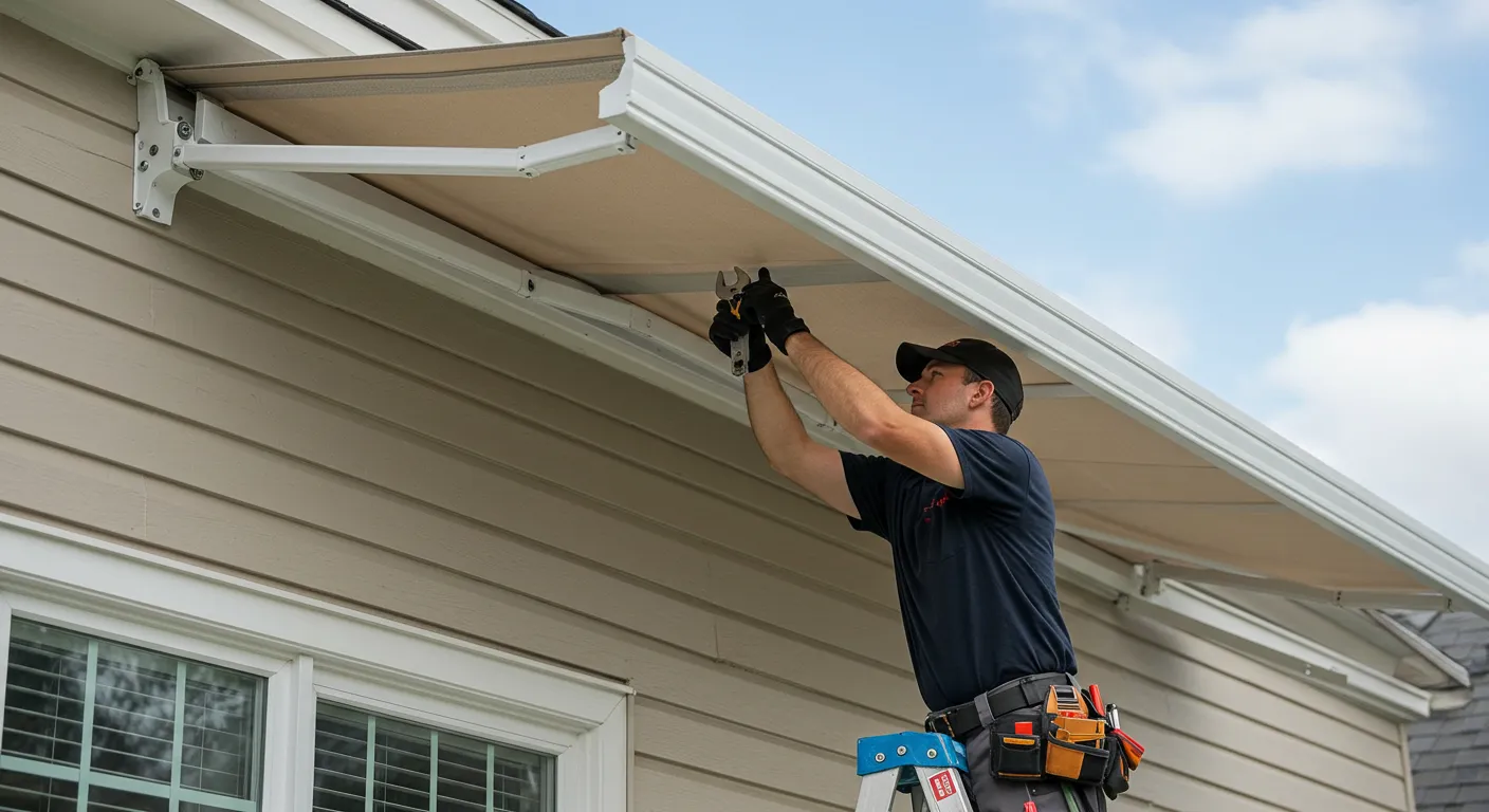 A man on a ladder with a tool belt uses a wrench to adjust the frame of a new retractable awning installed on a house.