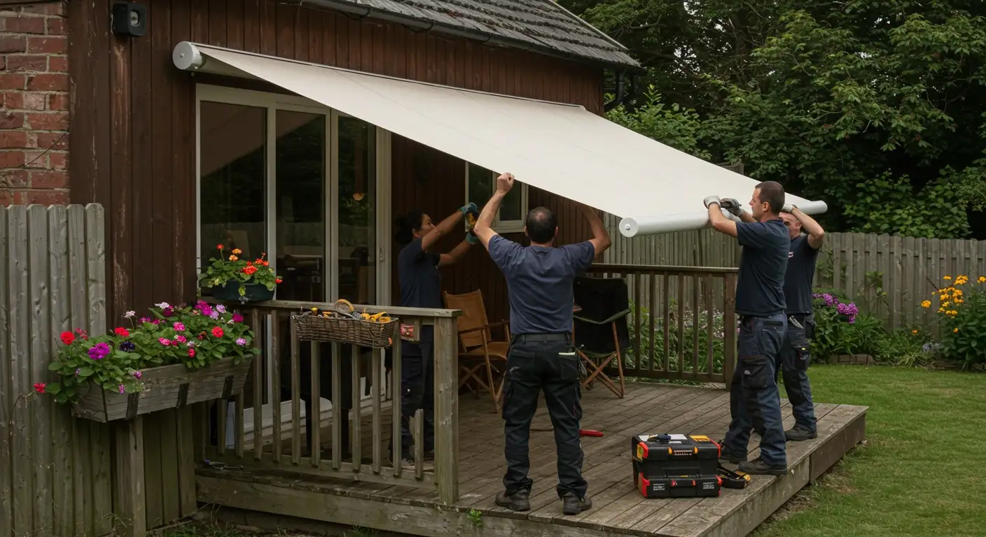 Four men installing a deck awning.