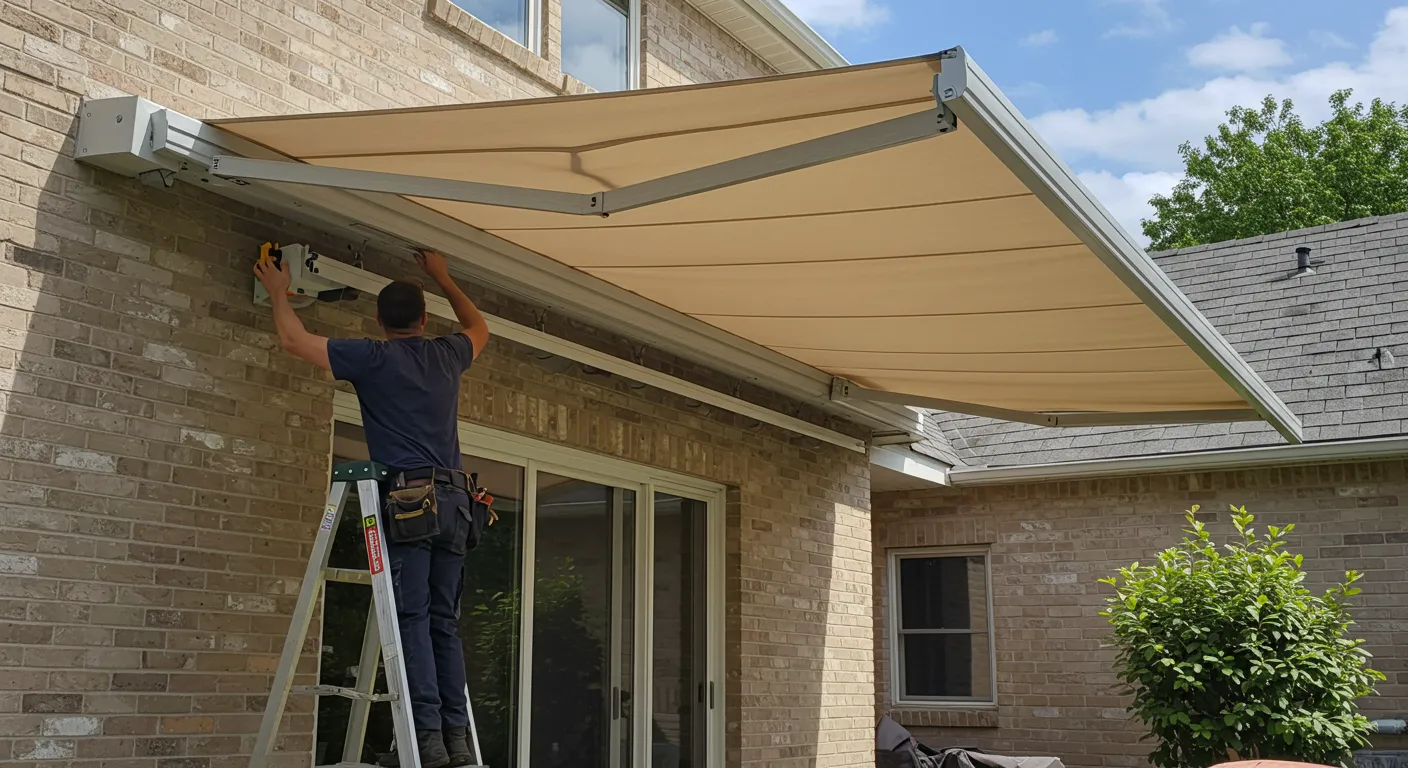 A man on a ladder works on the hardware of a beige retractable awning attached to a brick house on a sunny day.
