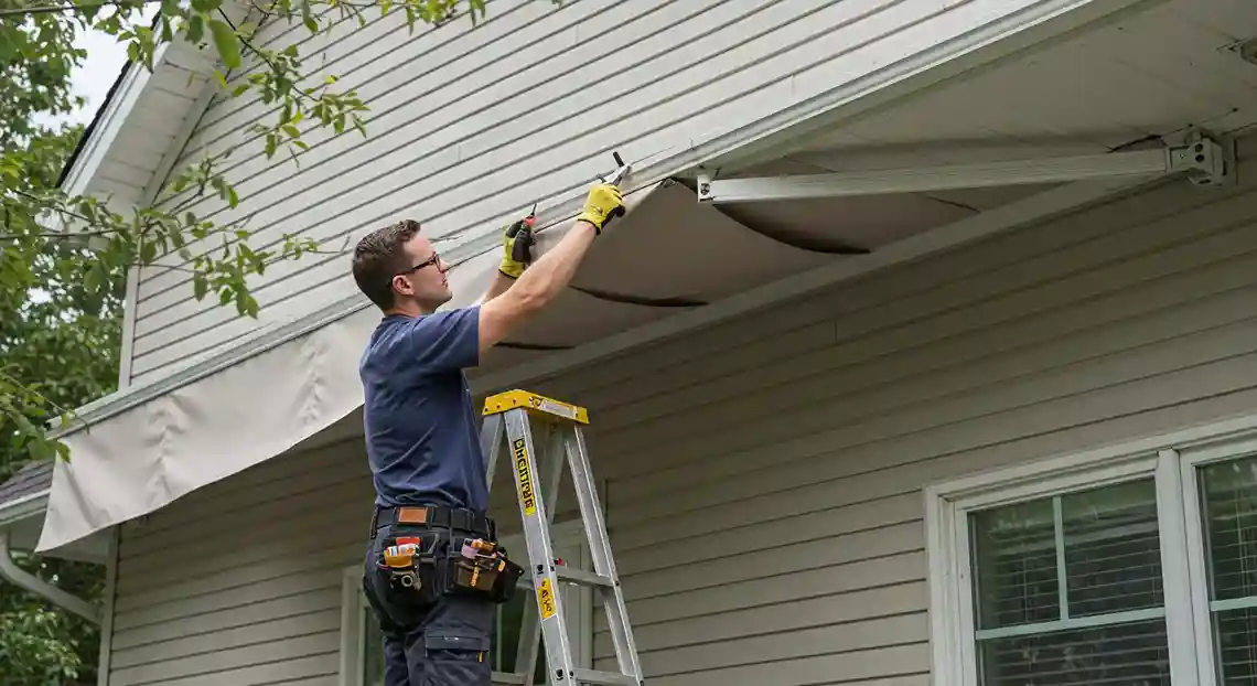 An awning installer on a ladder works on the fabric and frame of a beige retractable awning on the side of a house.