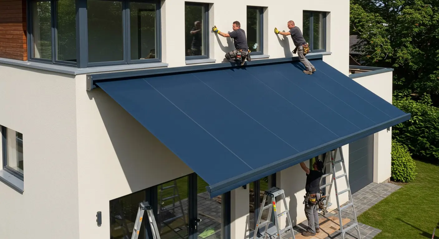 Three men installing large blue awning.