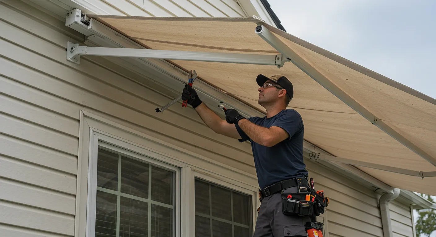 A man on a ladder wearing a cap and work gloves uses pliers to adjust a white retractable awning on a house with beige vinyl siding.