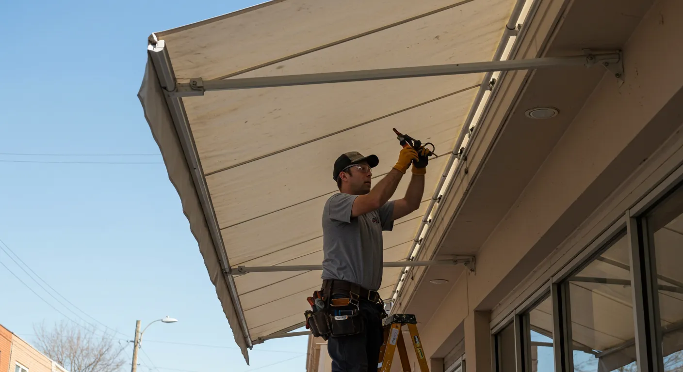 A man on a ladder, wearing a cap and gloves, works on a large, beige retractable awning mounted on a commercial building.