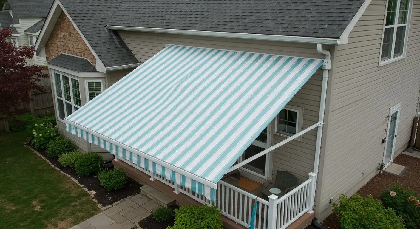 Patio with large striped white awning.