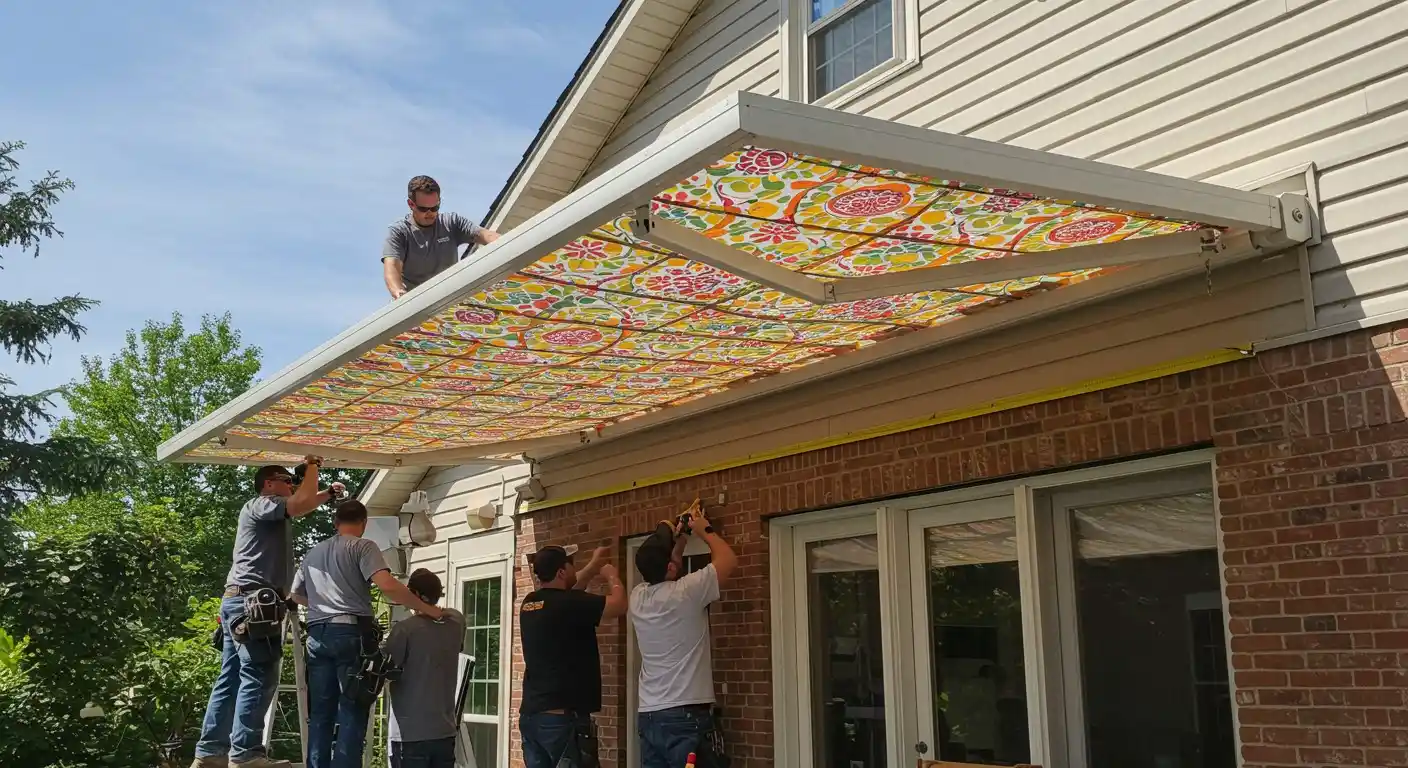 Men installing colorful patterned patio awning.