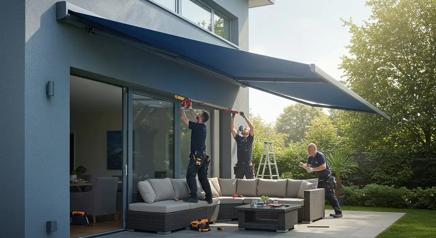 Three men installing large blue awning.