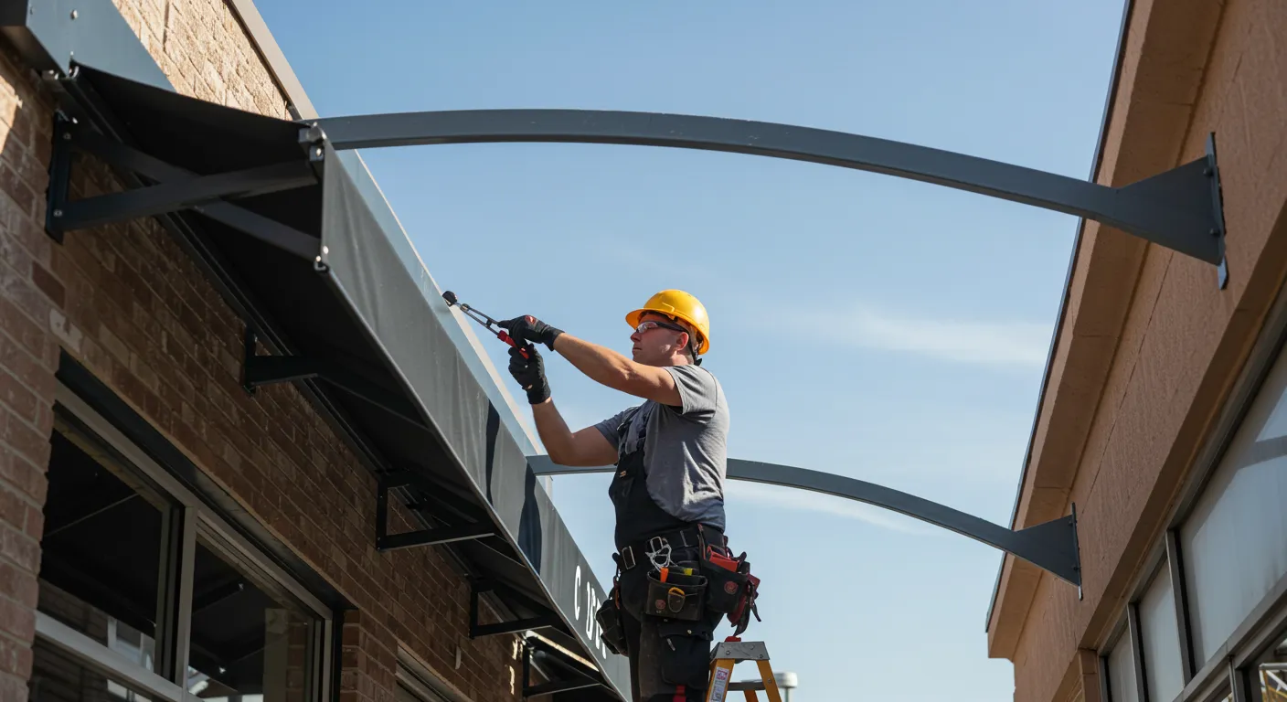 A worker in a yellow hard hat and a tool belt installs the dark gray metal frame and fabric of a commercial awning on a brick building.