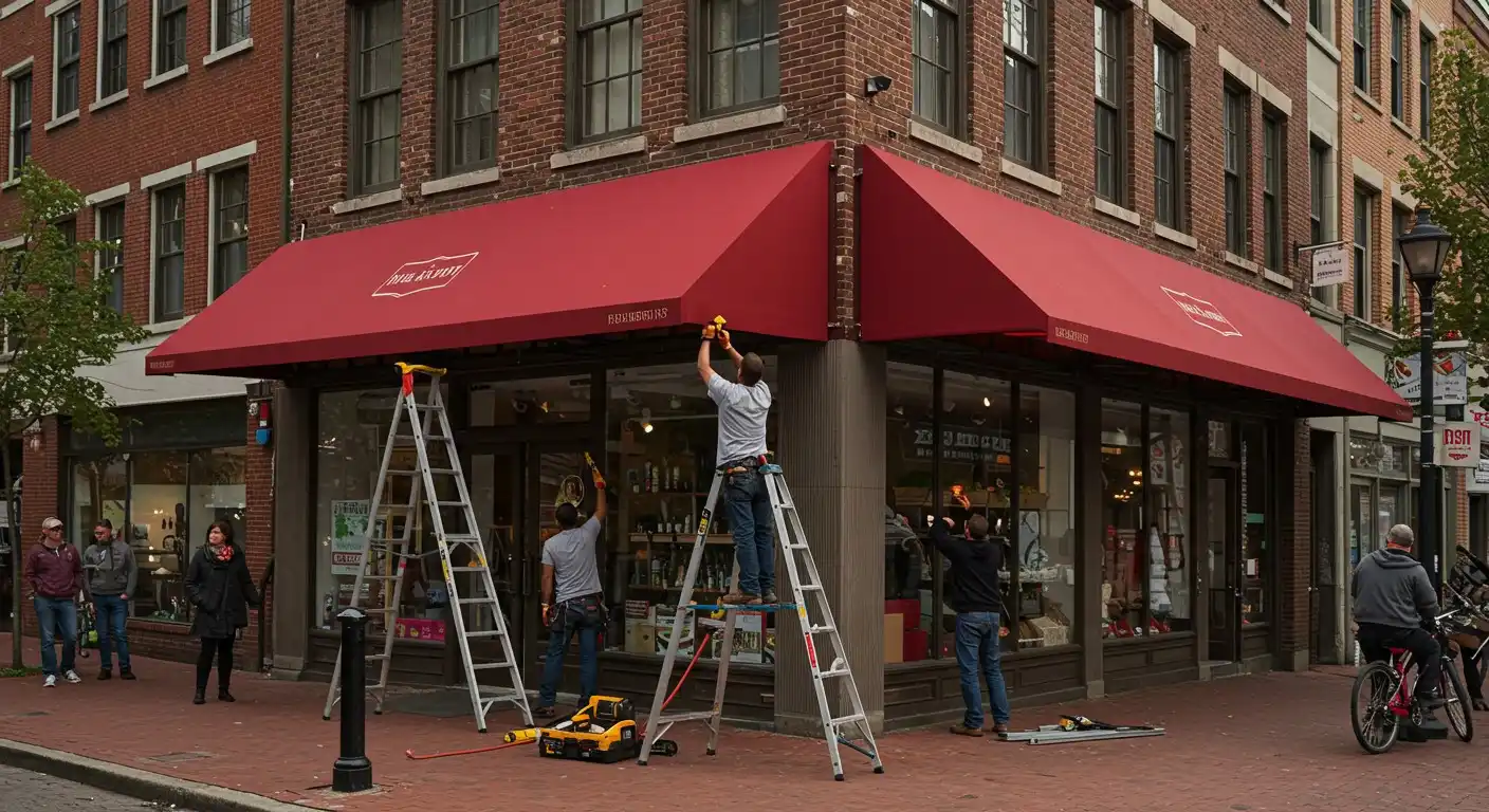 Three men installing a red awning.