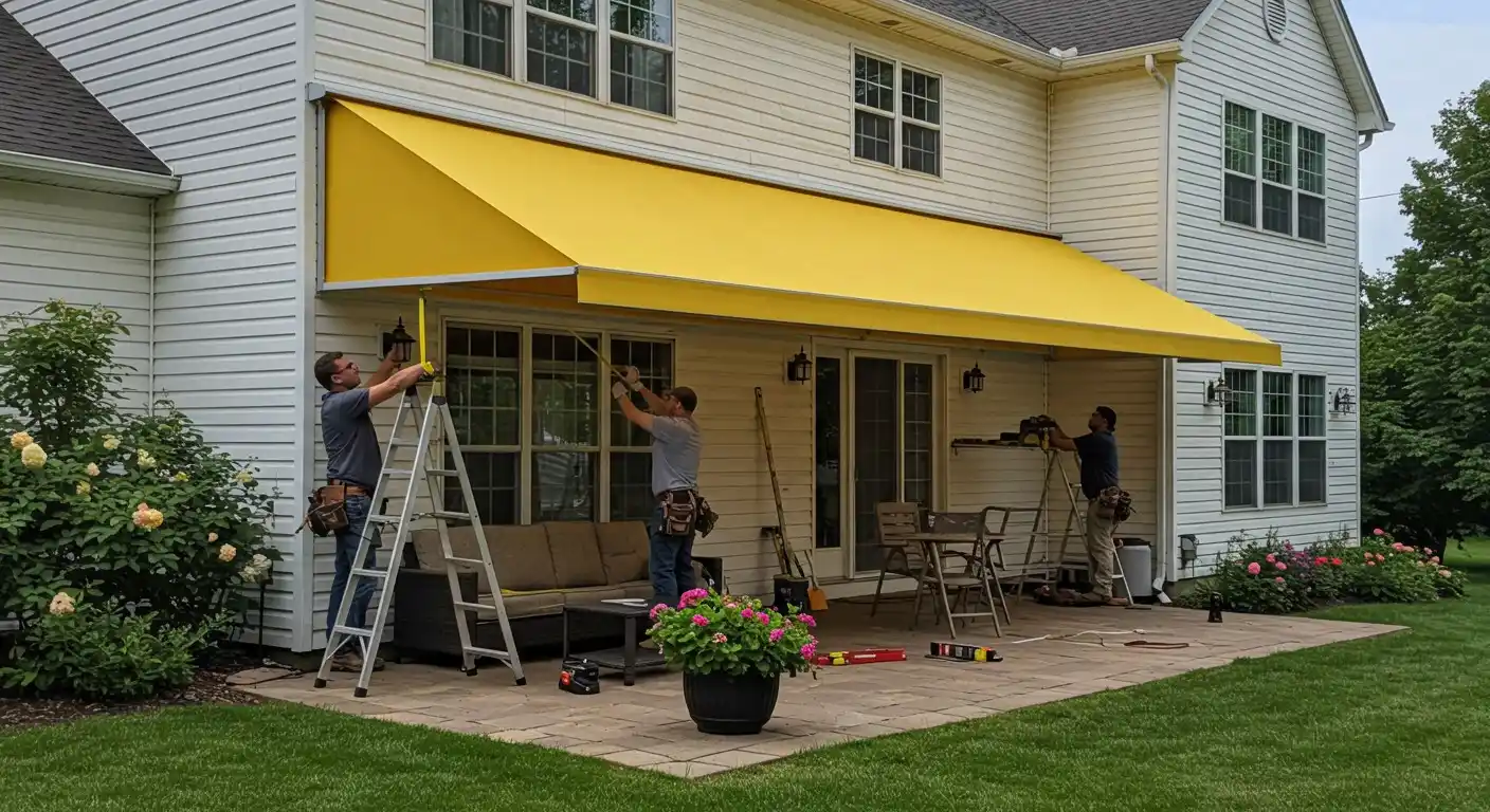 Three men installing large yellow awning.
