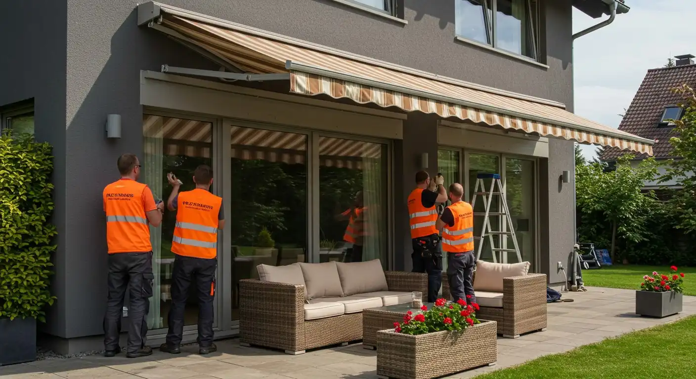 Four men installing striped patio awning.