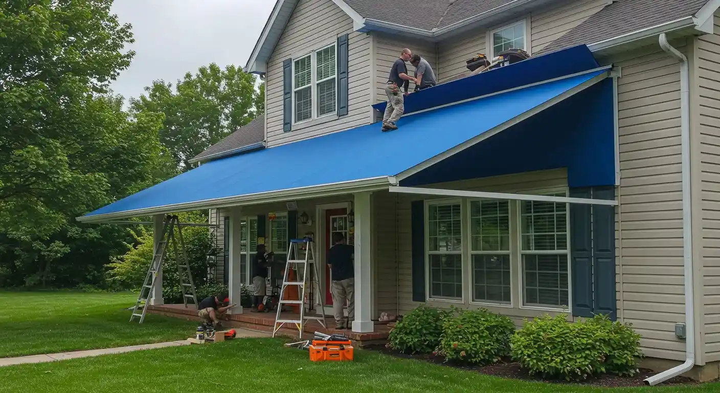Three men installing a blue awning.