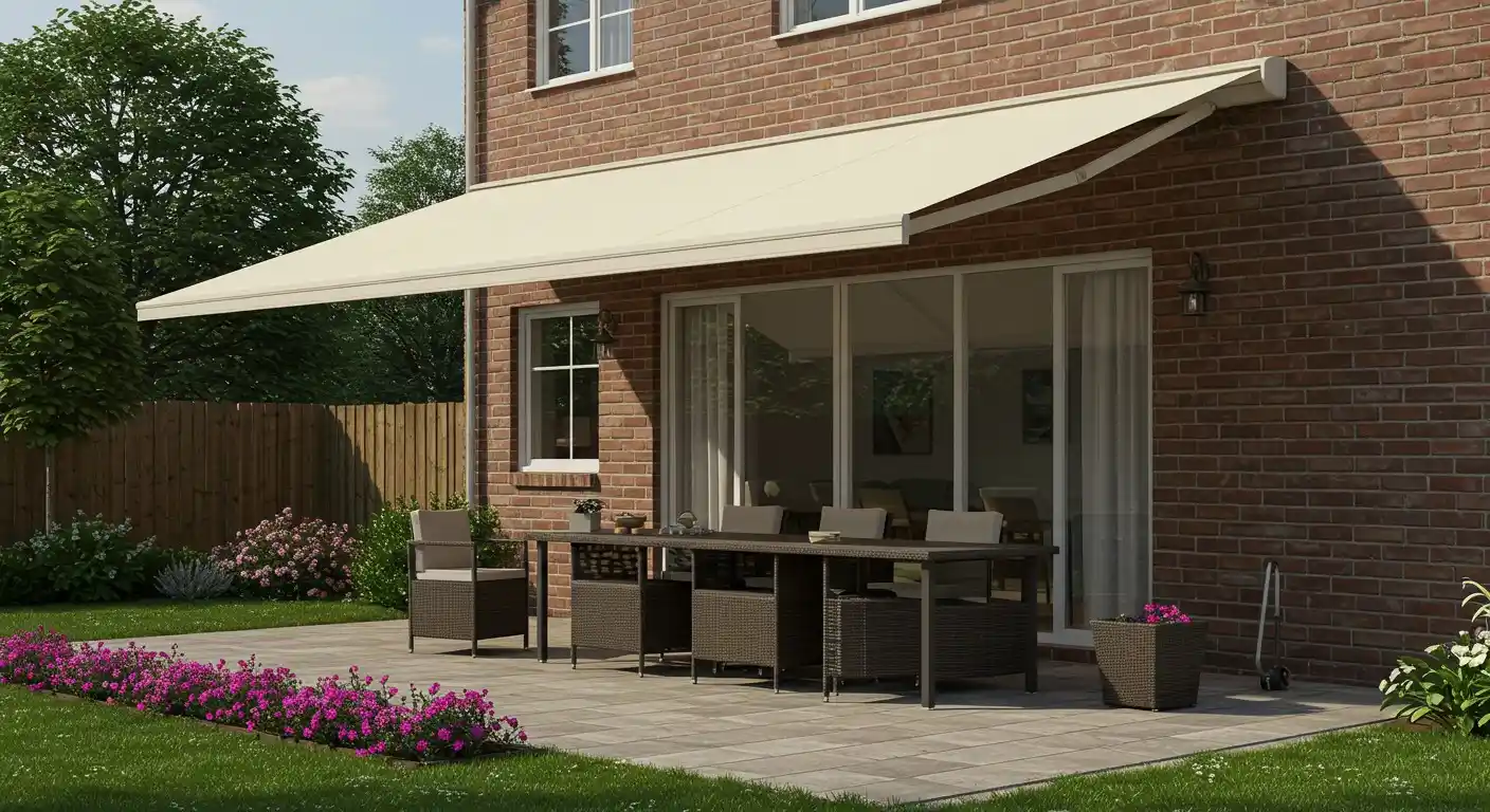White awning over patio furniture.