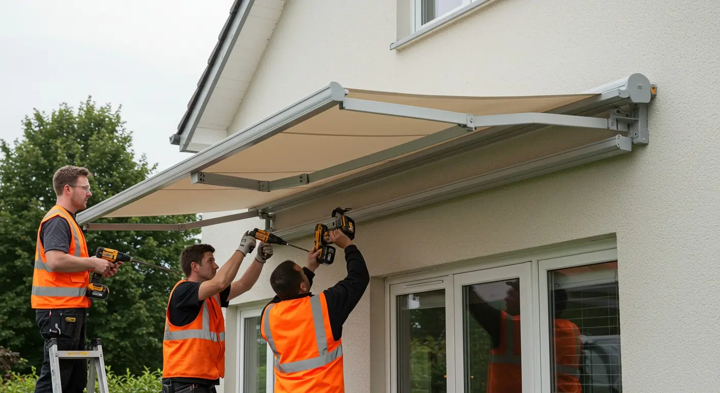 Three men installing beige home awning.