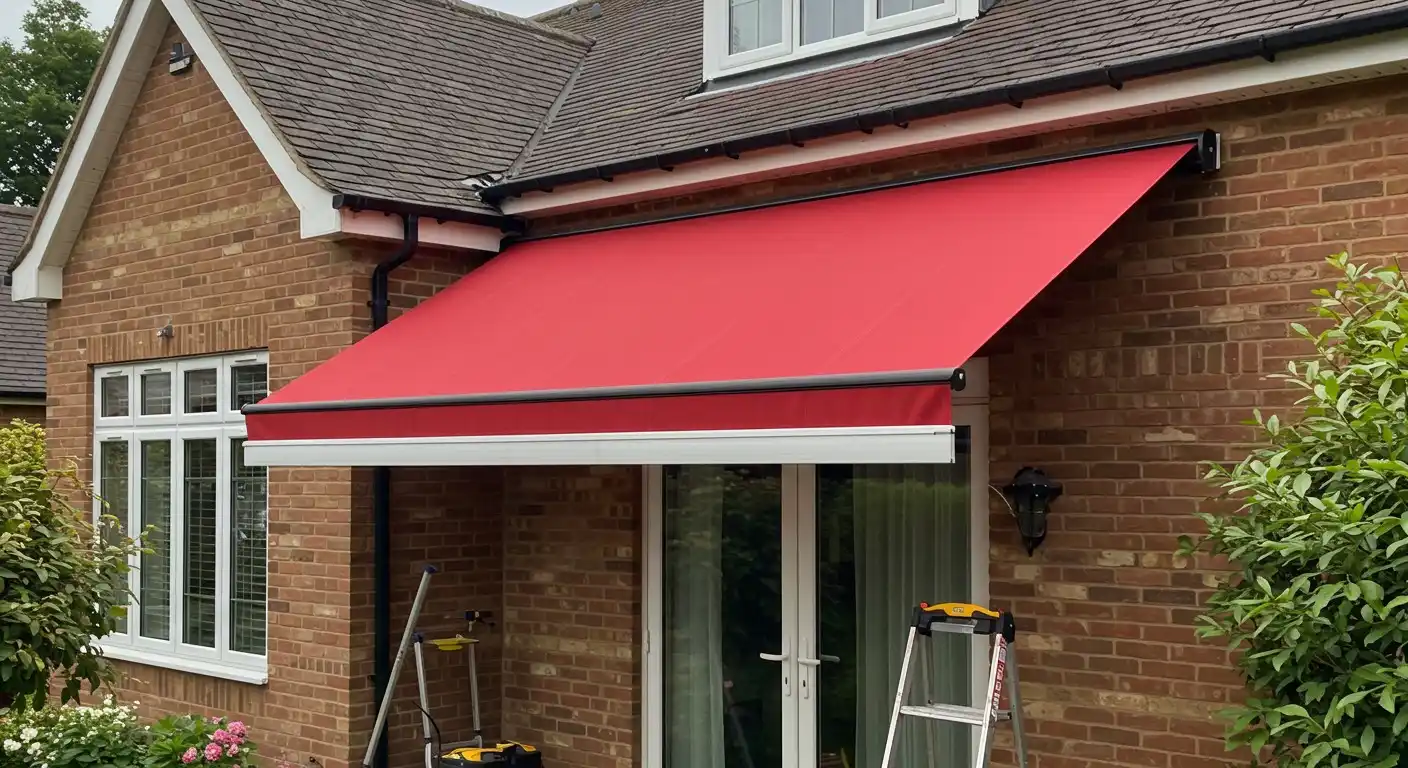 A red retractable awning extends over a glass door on a brick house.