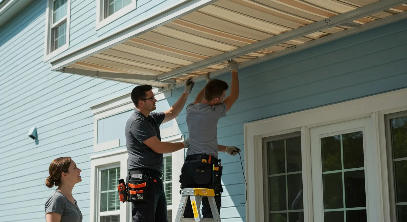 Three people installing striped home awning.
