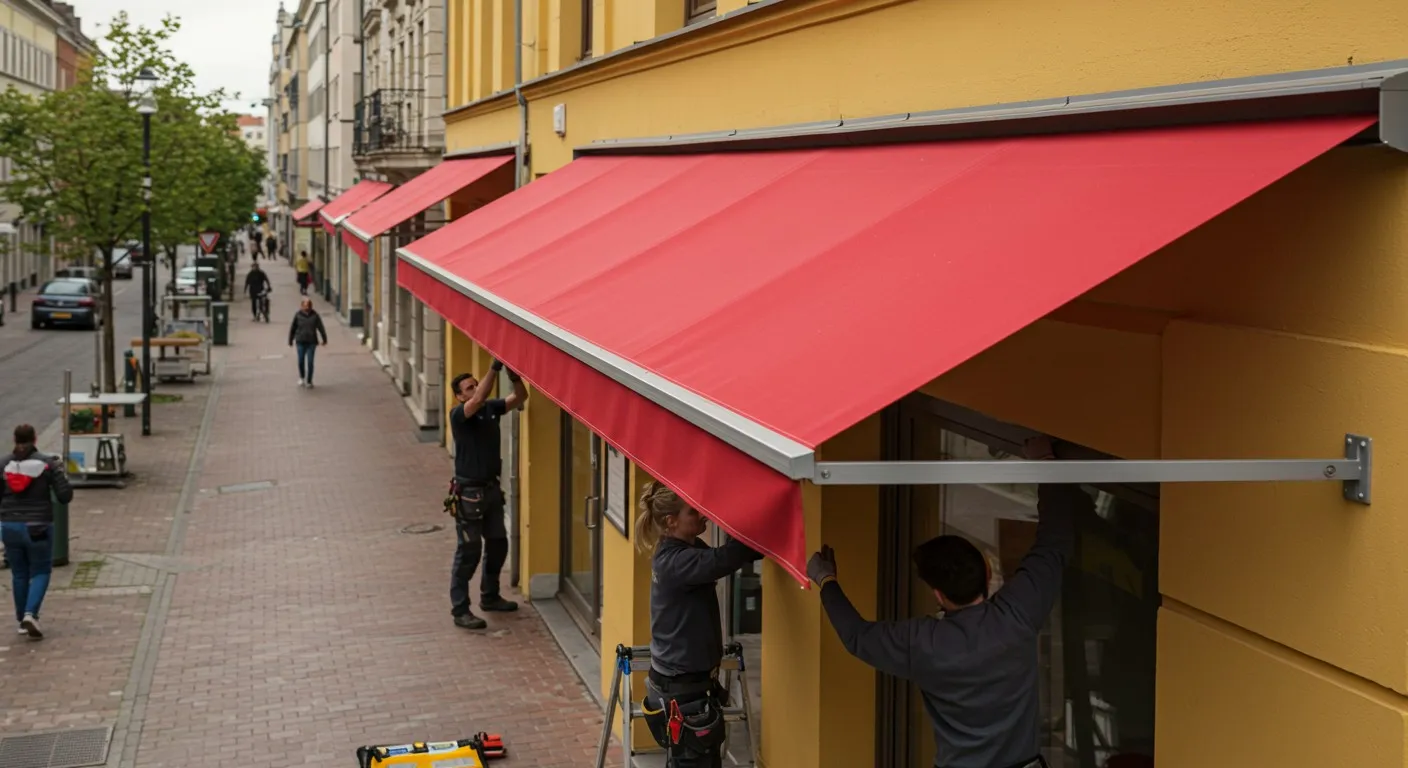 Three people installing a red awning.