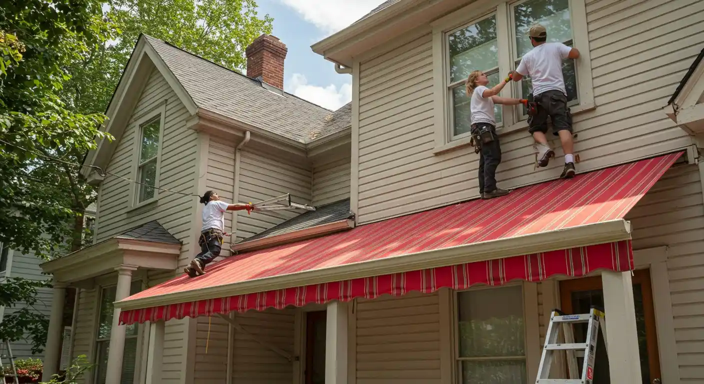 Three people installing a red awning.