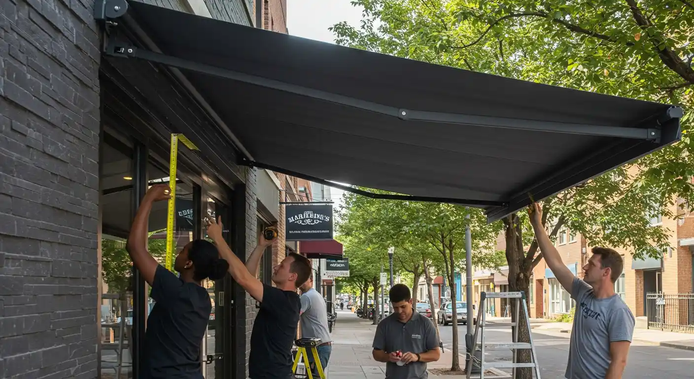 Four people installing a black awning.