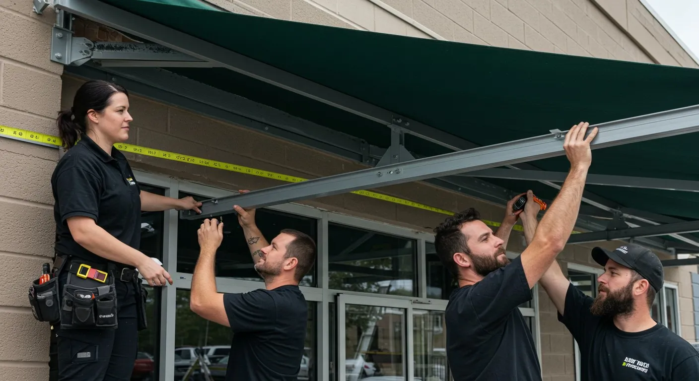 Four people installing green business awning.