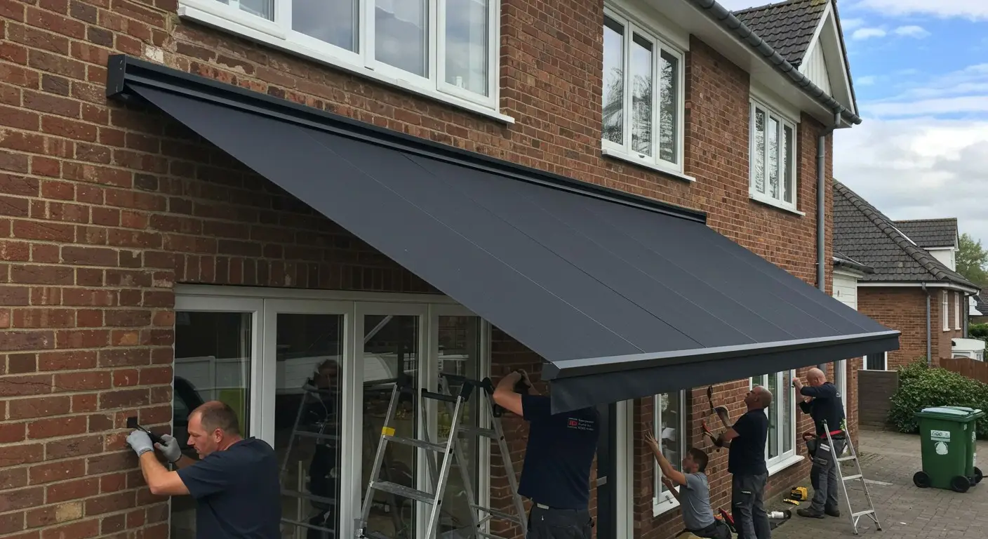 Three men installing large grey awning.