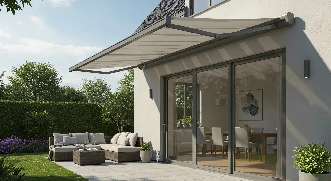 A man on a ladder installs a retractable awning with red and beige stripes on a wooden deck.