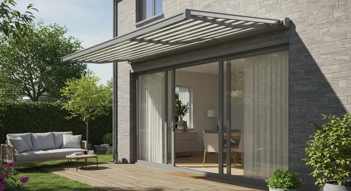 A dark grey awning extends from a brick house, creating a shaded outdoor living space with furniture and potted plants.