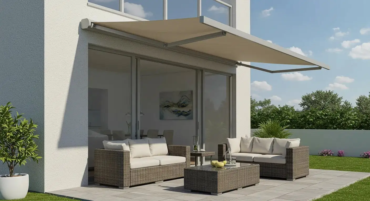 A light grey awning is fully extended over a patio, shading modern outdoor furniture on a sunny day.
