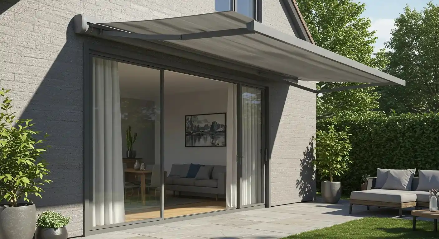 A light grey awning extends over a patio, shading modern wicker furniture and large sliding glass doors.