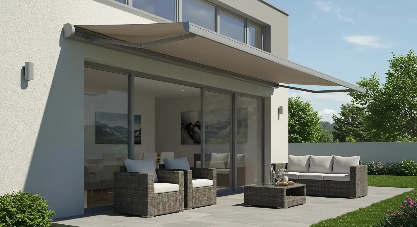 An extended grey awning provides shade over a patio with modern outdoor furniture and large sliding glass doors.