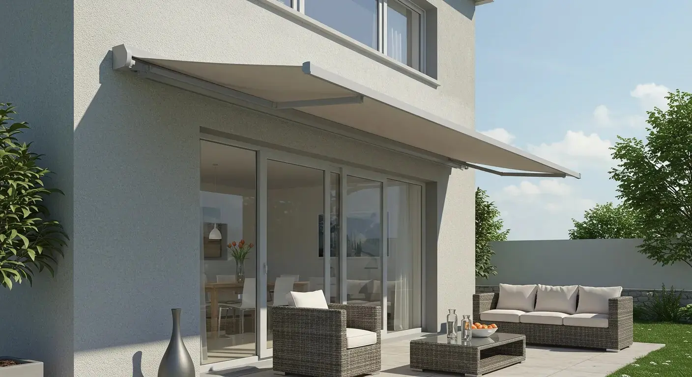 A slatted grey awning over a brick house shades a patio with a wooden deck and a swing seat.