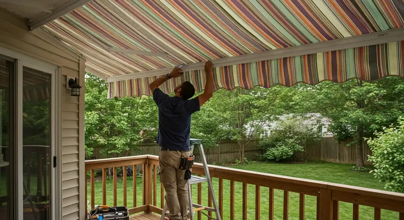A partially extended grey awning over a light-colored stucco house and a patio with wicker furniture.