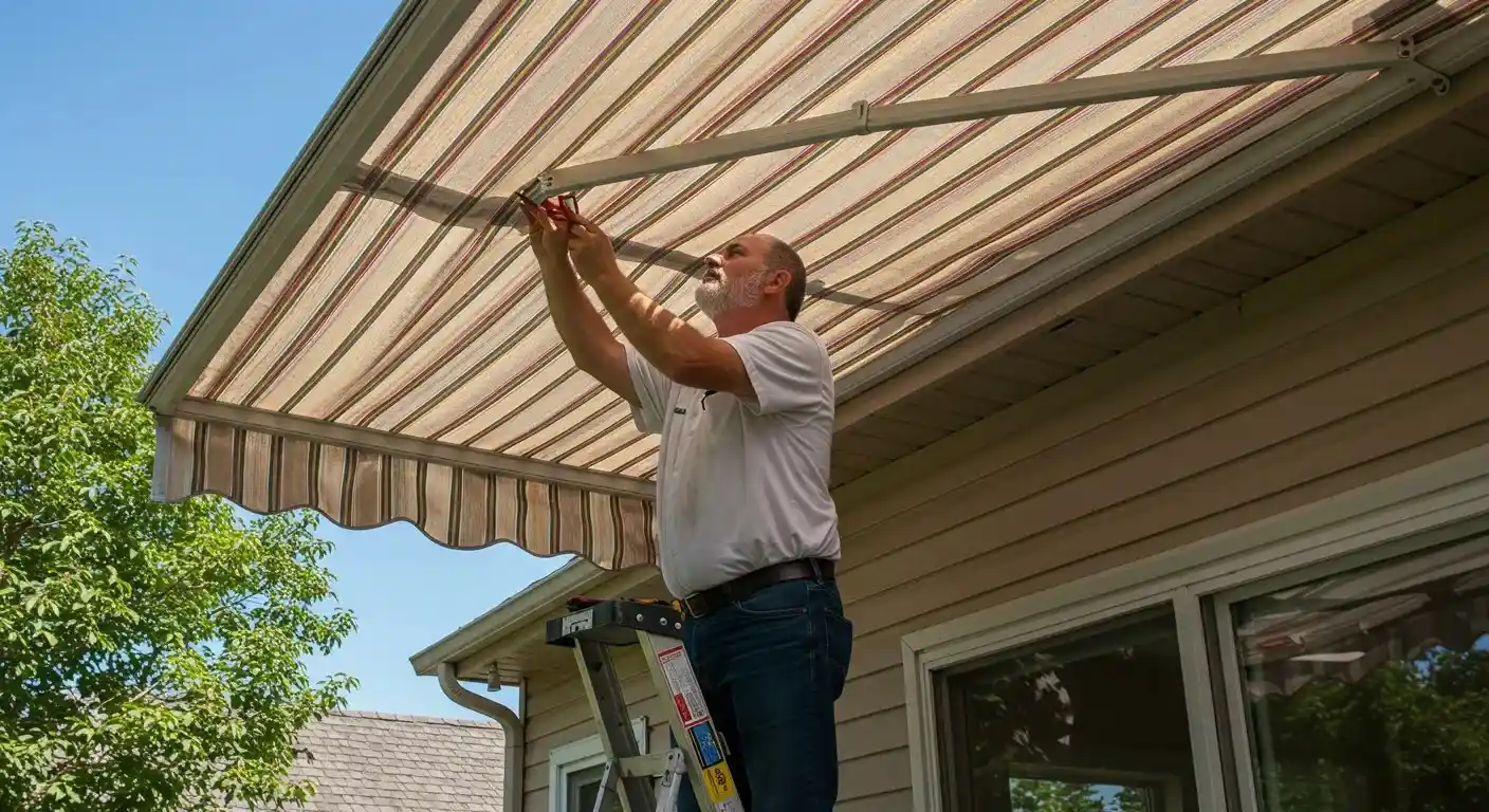 A man on a ladder fastens a striped retractable awning to a house, with tools scattered on the deck below.