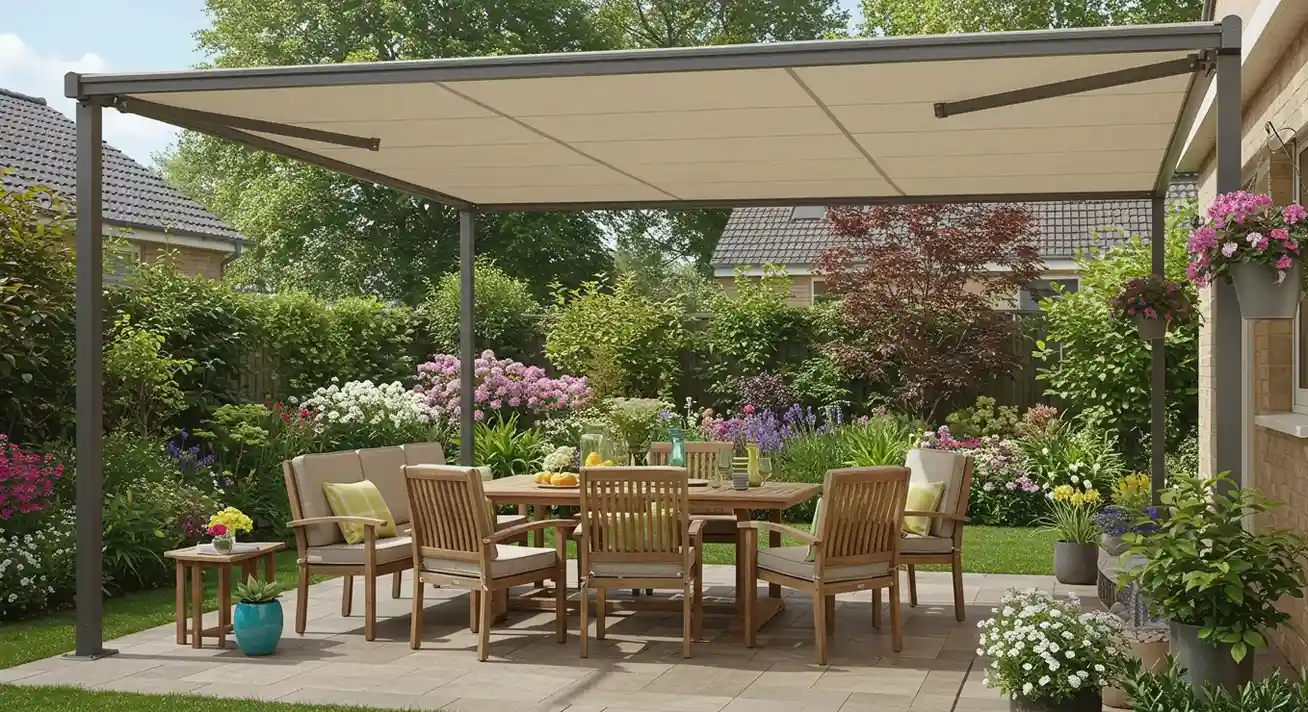 An outdoor dining set with a beige awning covering a paved area, surrounded by a green lawn and blooming bushes.