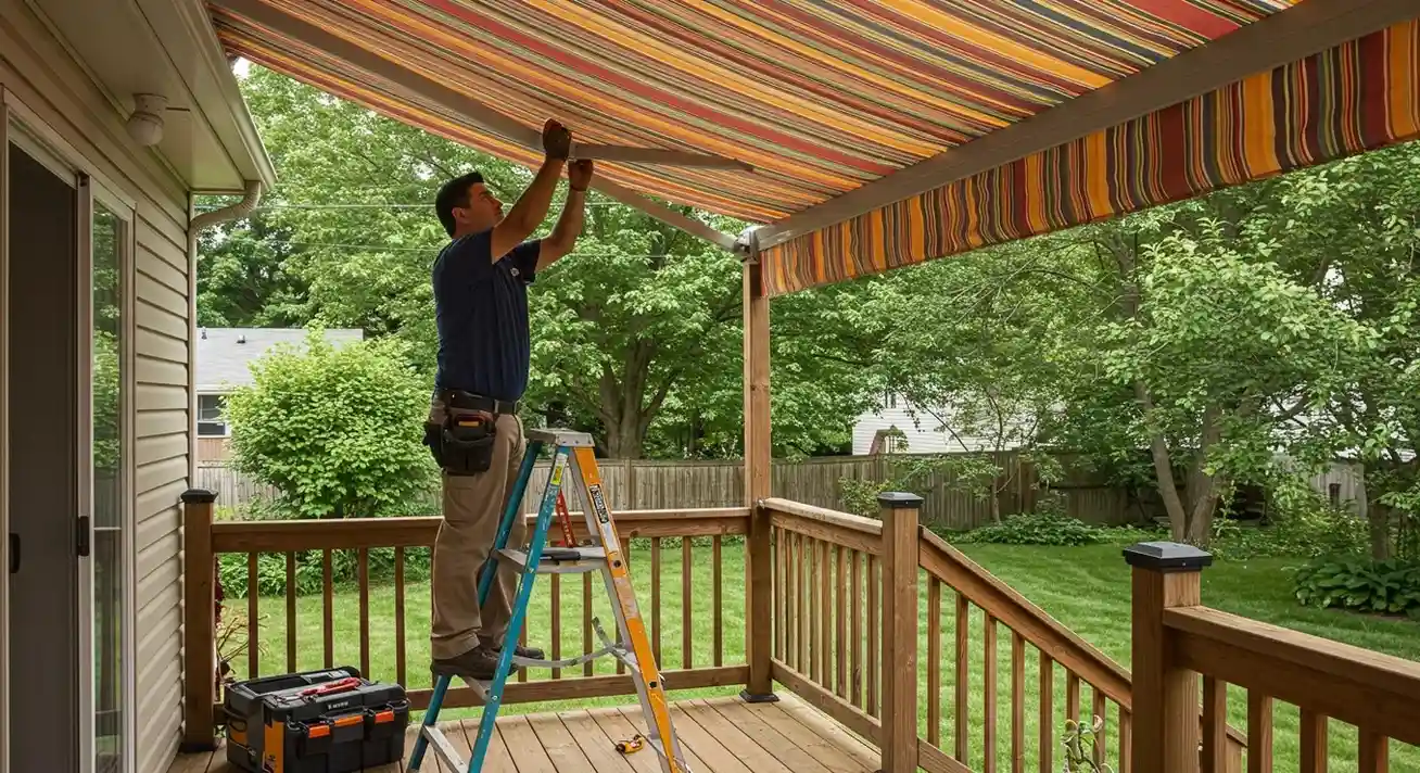 A beige fabric awning on a metal frame shades a wooden deck with a dining table and chairs in a landscaped backyard.
