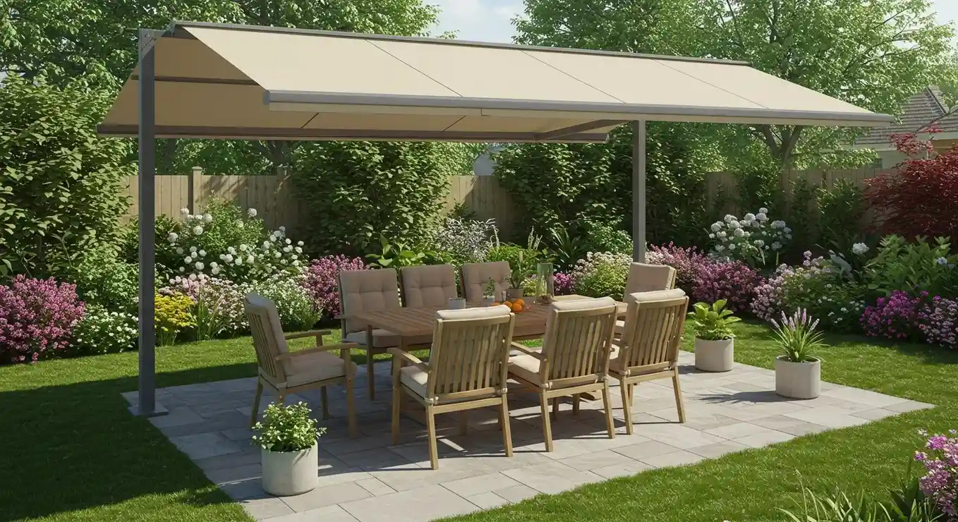 A large beige patio awning supported by a metal frame, creating a comfortable dining area in a lush garden.