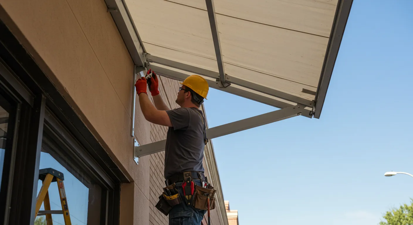 A worker in a yellow hard hat and red gloves stands on a ladder, installing a white awning on a light-colored commercial building under a clear sky.