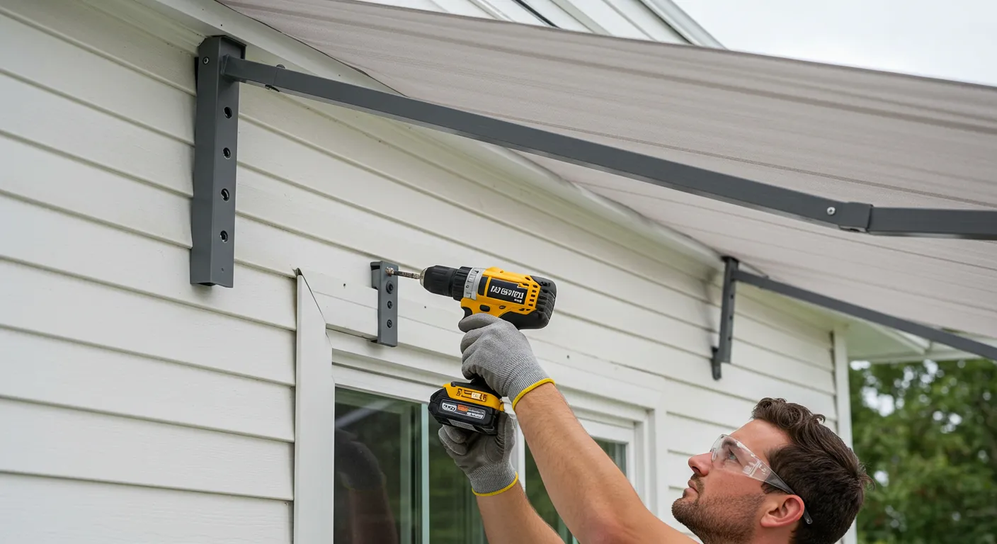 A close-up shot of a man wearing safety glasses using a yellow drill to attach a gray metal bracket to a white house, which will support an awning.