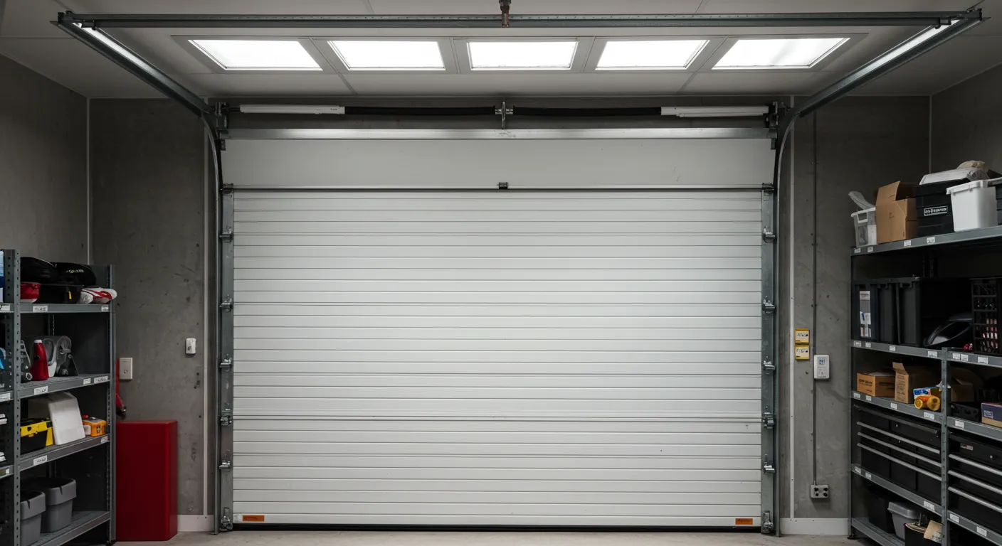 A closed gray rolling steel garage door in a well-organized garage with industrial shelving on both sides.
