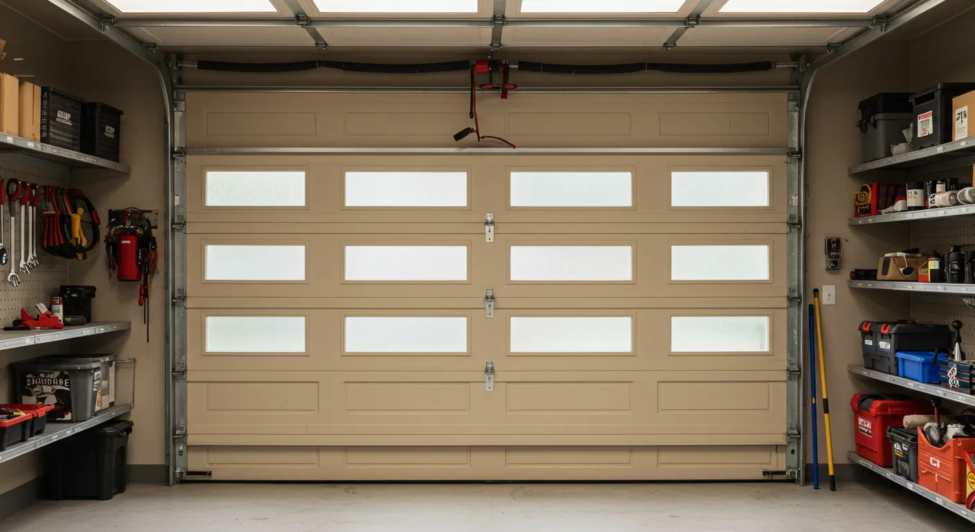 A modern, closed beige garage door with multiple rows of clear rectangular windows, seen in an organized garage.