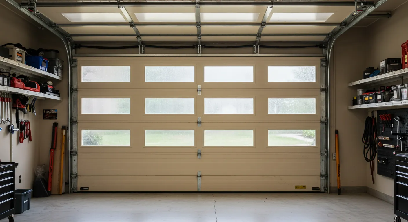 A beige sectional garage door with two rows of frosted windows, seen from inside a spacious garage.