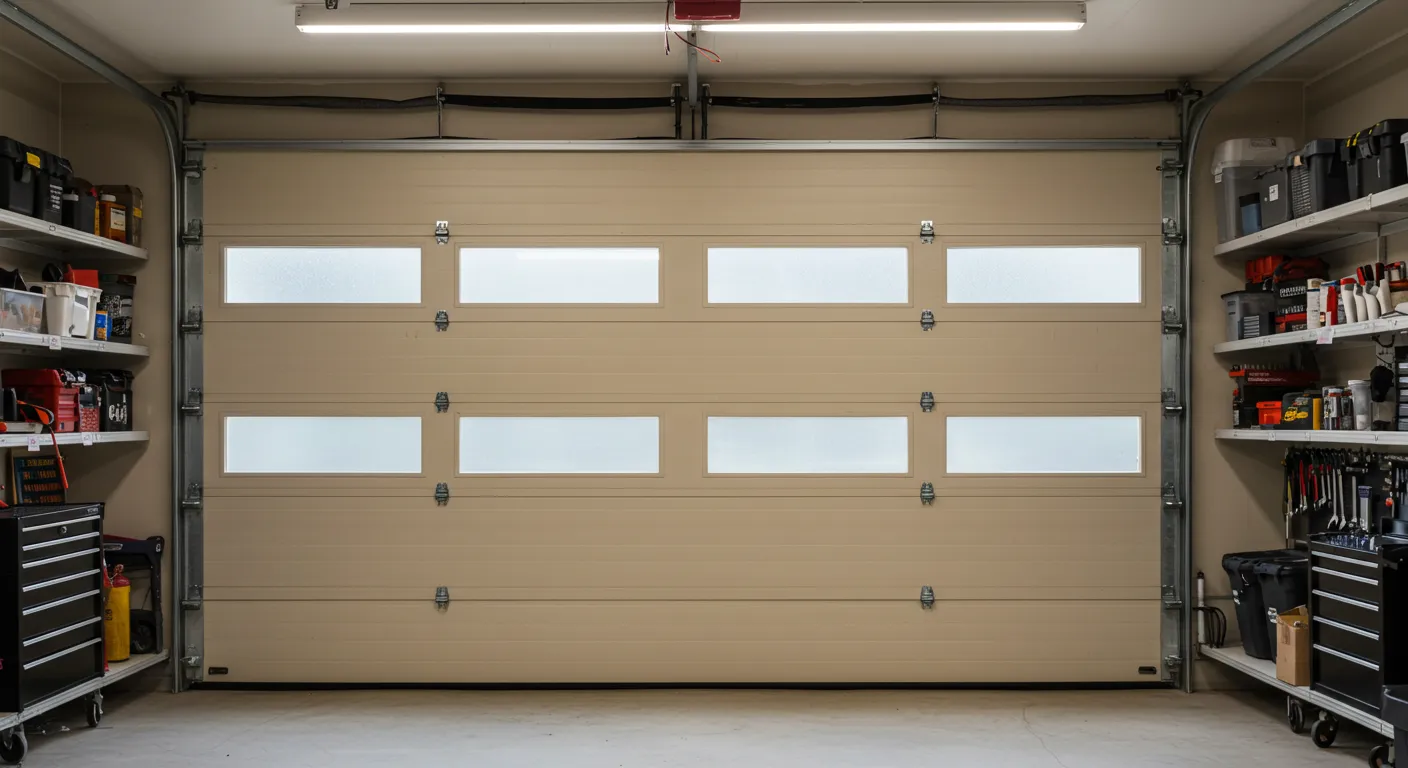 A beige sectional garage door with frosted rectangular windows, centered in a neat garage with shelving on both sides.