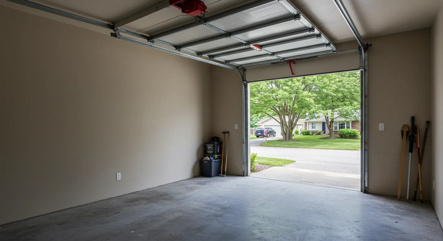 A view from inside a garage with its white door partially open, showcasing a residential street and a car.