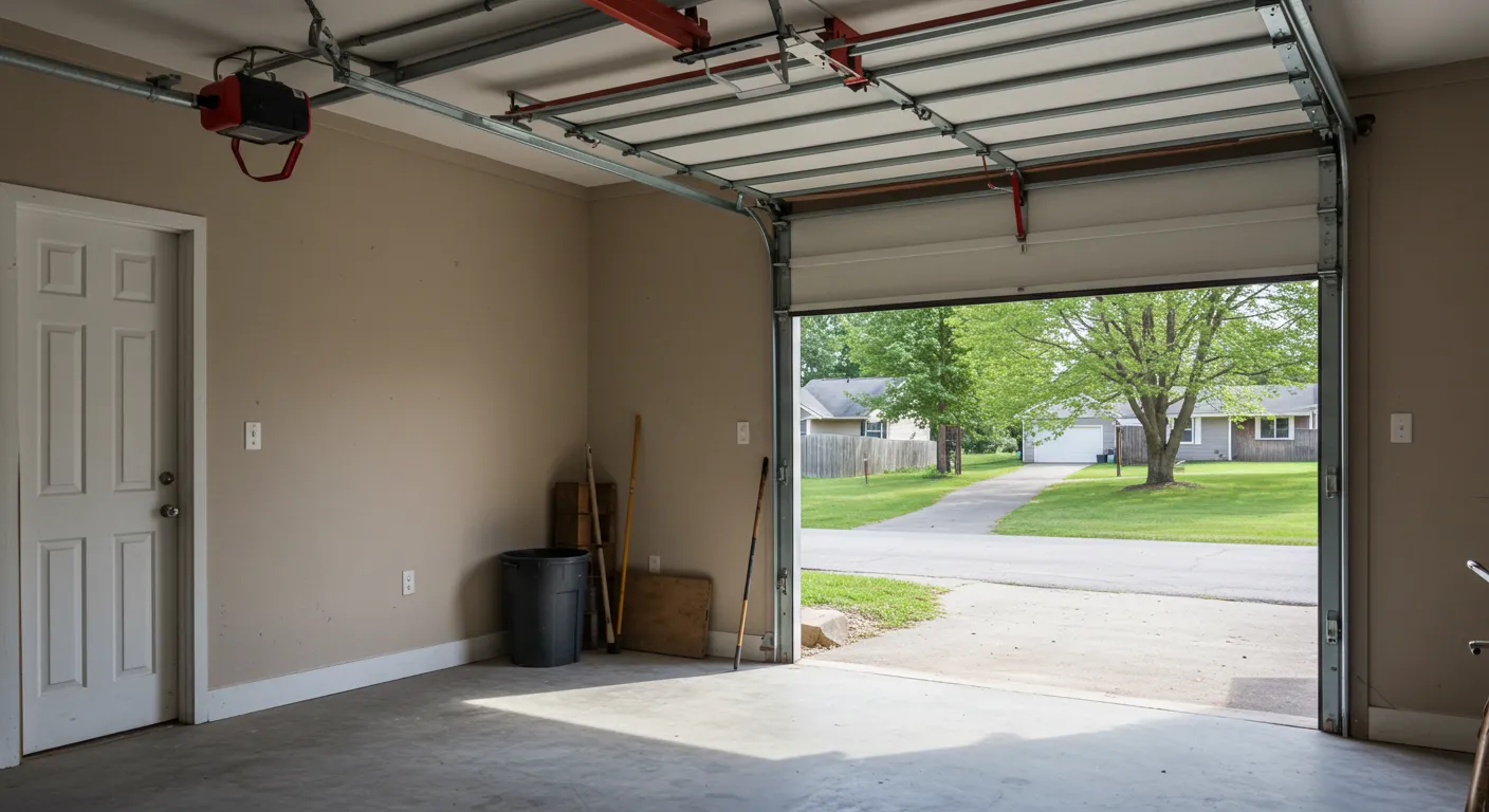 An open white garage door viewed from inside, showing the residential driveway and neighborhood street beyond.