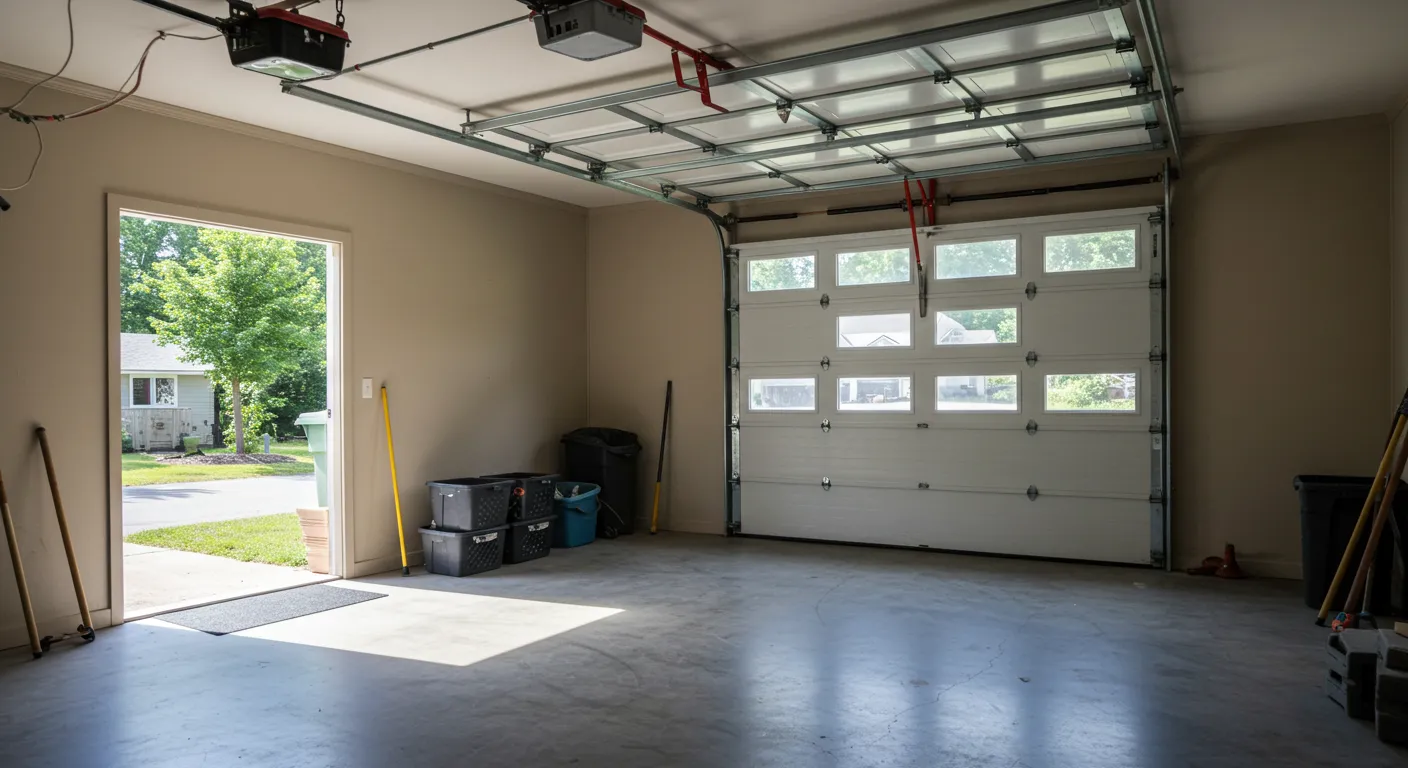 A white sectional garage door with a row of clear glass windows, partially open, revealing a residential street.