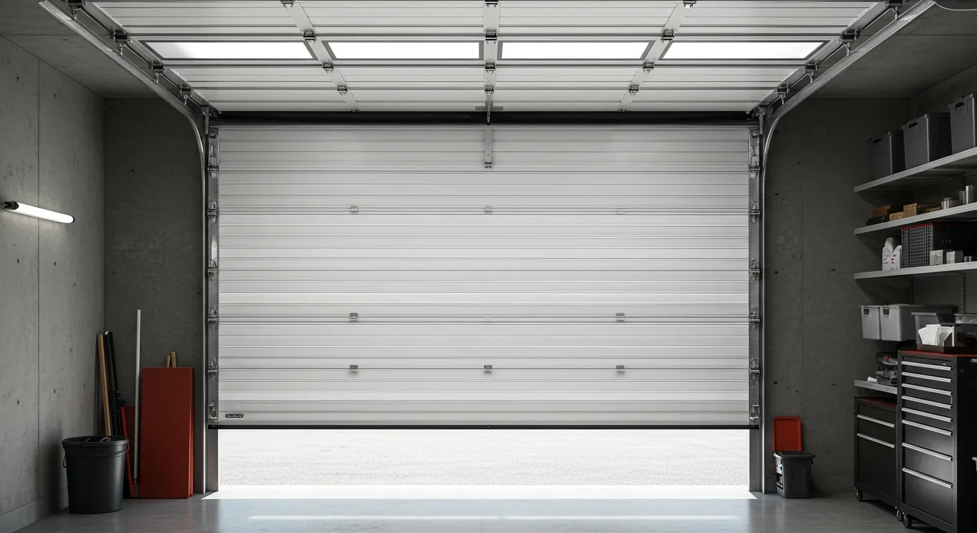 An open white garage door viewed from inside, showing the residential driveway and neighborhood street beyond.