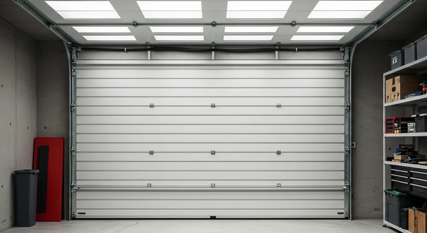 A modern, white sectional garage door in a clean, minimalist garage with overhead square lights.