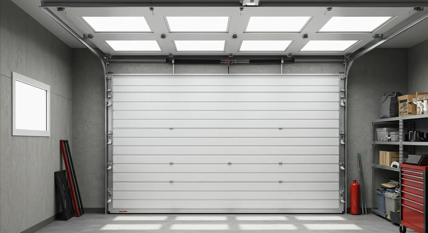A modern, closed white sectional garage door in a well-lit, organized garage with a small window.