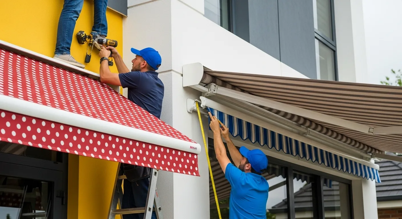 Two men in blue shirts and hats install different colored awnings on a building.