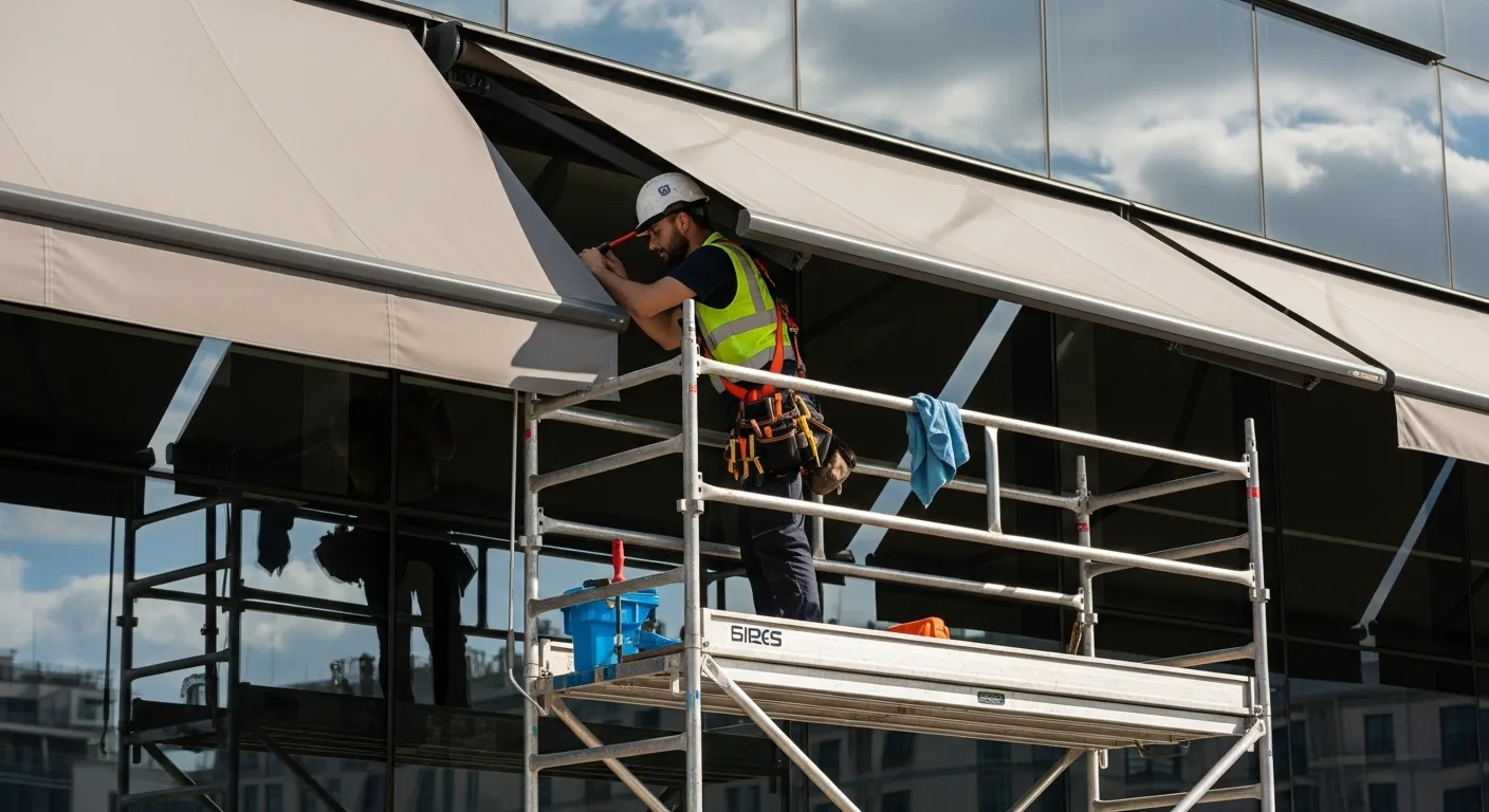 A man in a hard hat on scaffolding installs a beige awning on a modern building