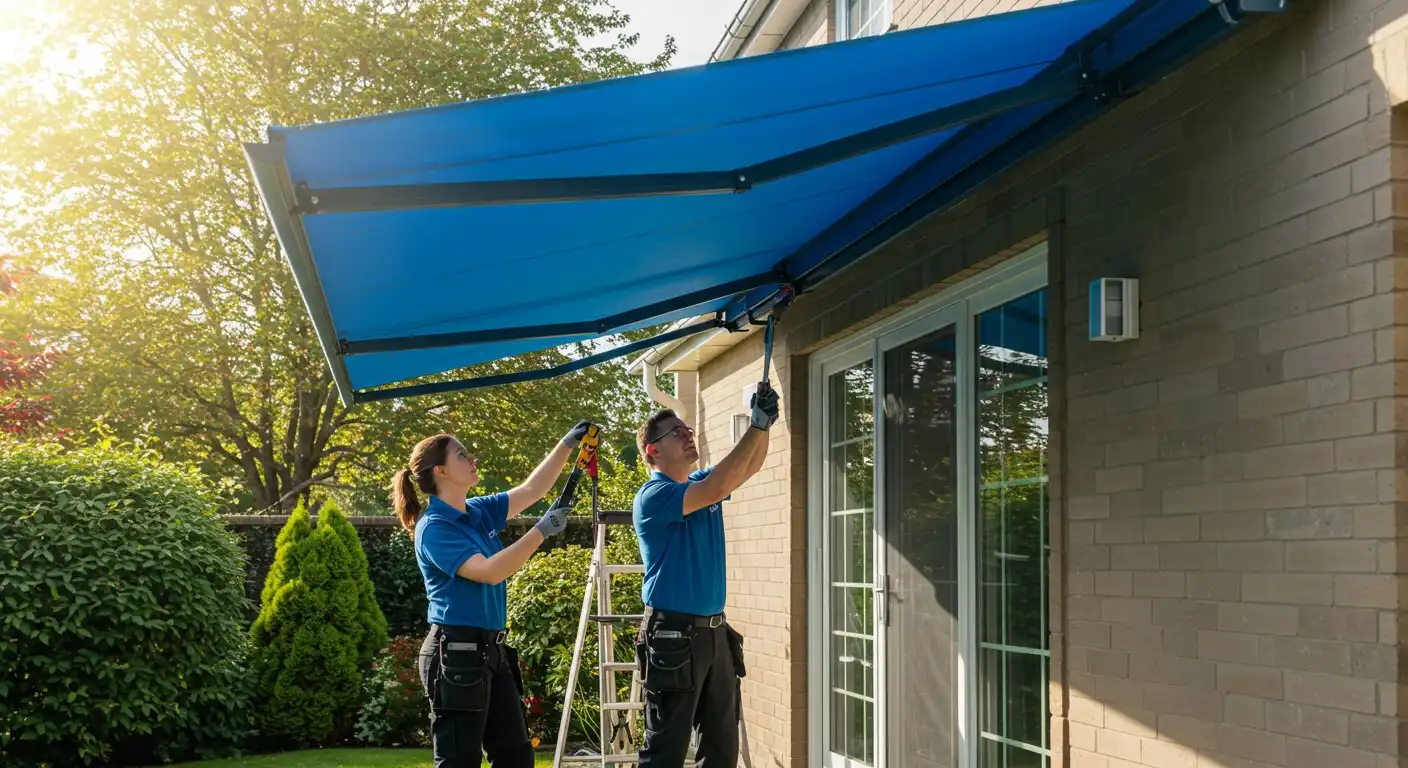 Two people installing a blue awning.